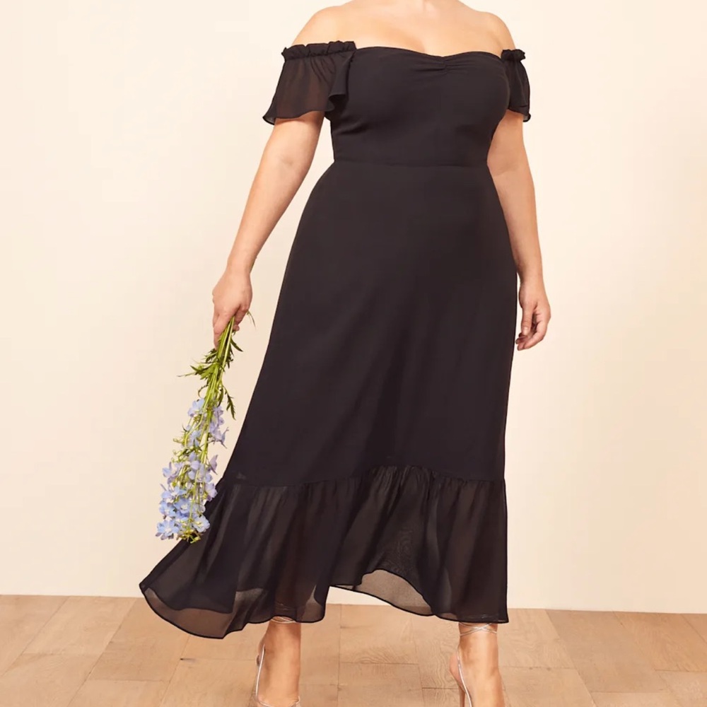 Reformation Black Off-Shoulder Midi Butterfly dress